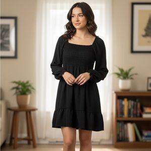 Your New LBD!

Versatile Black Long Sleeve Smocked Mini Dress